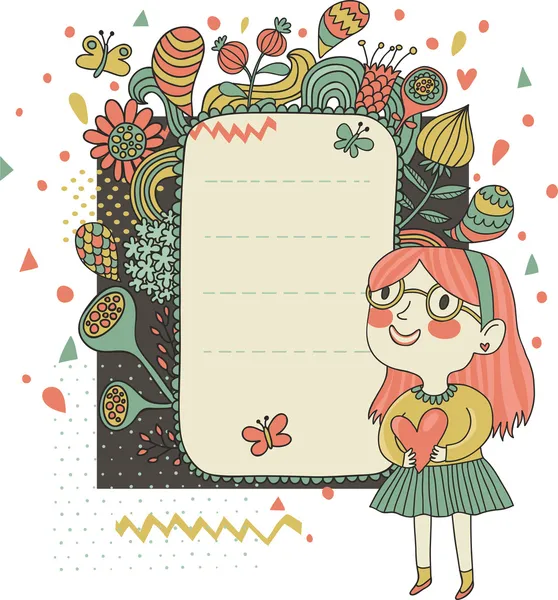 Lyckliga livsstil bakgrund. liten flicka firar. Cartoon floral bakgrund för fina kort — Stock vektor
