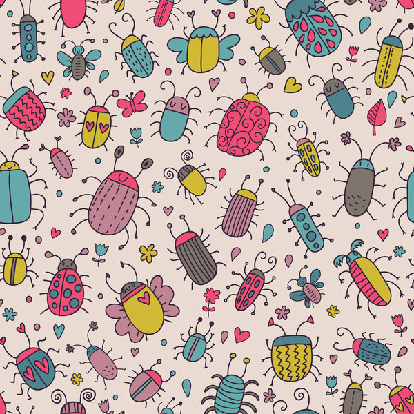 Funny bugs. Cute cartoon seamless pattern for vintage ornaments