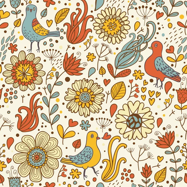 Aves de época en flores retro. Patrón sin costura en el vector — Vector de stock