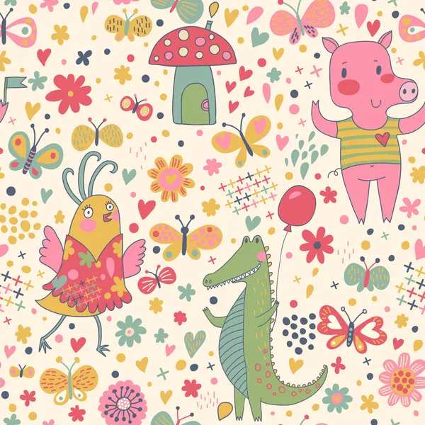 Cartoon seamless pattern for children 's wallpapers. Милые свиньи, крокодилы, птицы и насекомые в векторе — стоковый вектор