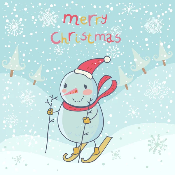 Snowman skiing. Cute cartoon Christmas background — Stock Vector