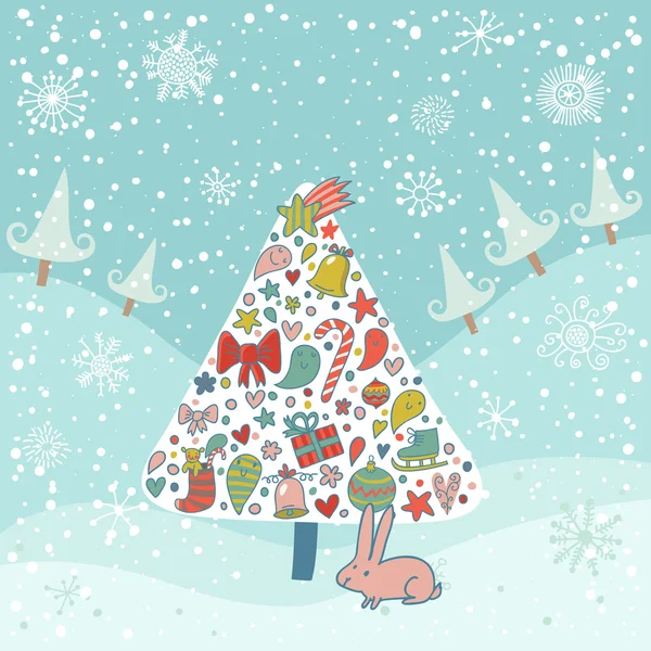 Concepto tarjeta de vacaciones. Árbol de Navidad hecho de regalos en el bosque de invierno en estilo de dibujos animados con una pequeña liebre linda — Archivo Imágenes Vectoriales