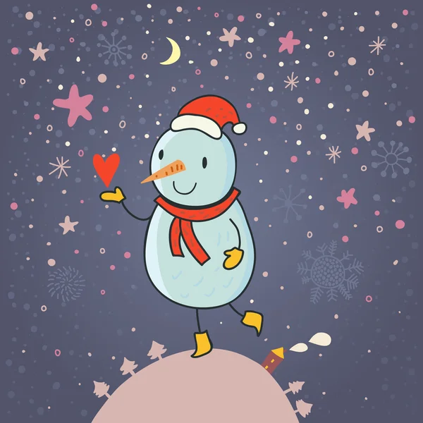 Fondo mágico de Navidad. muñeco de nieve de dibujos animados — Vector de stock
