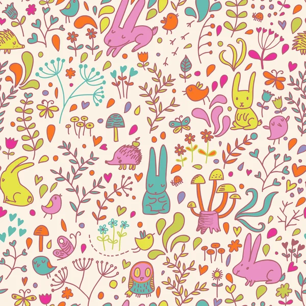 Cartoon naadloze patroon met konijnen, vogels en egels in vector. Children's behang — Stockvector
