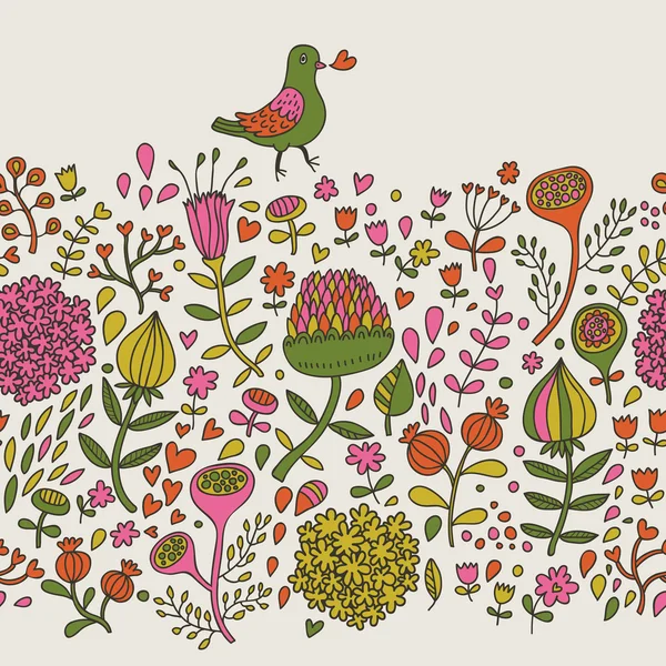 复古时尚设计壁纸无缝模式。对花的可爱鸟 — 图库矢量图片