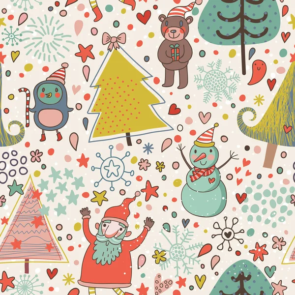Textura vánoční stromky a roztomilé kreslené postavičky. Nový rok bezešvé pattern.winter design — Stockový vektor