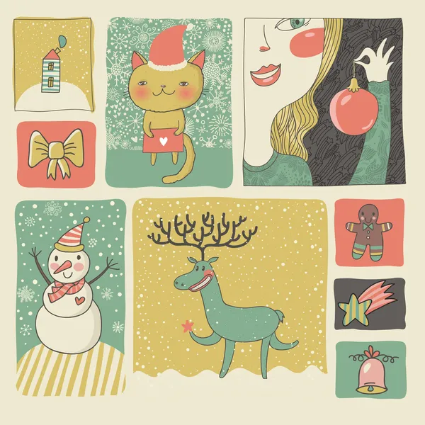 Retro Kerstmis en Nieuwjaar ingesteld in vector. cute cartoon stijl — Stockvector