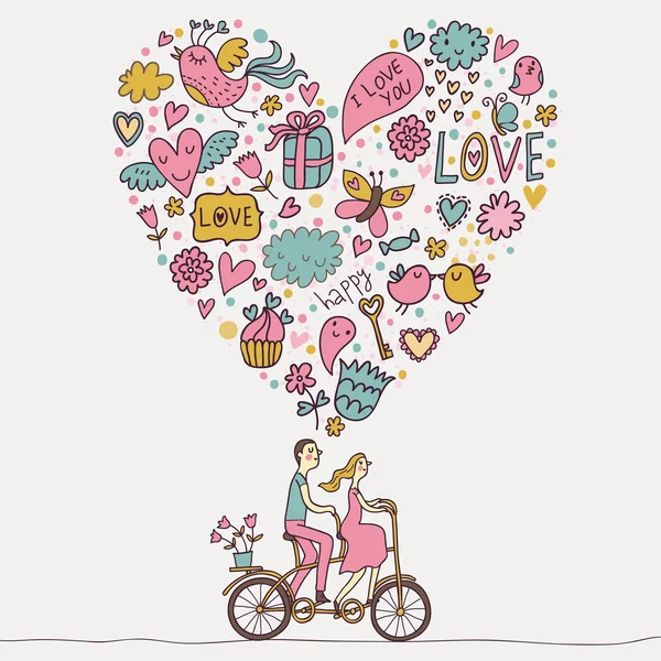 Concepto romántico. Pareja enamorada en bicicleta tándem. Lindo vector de dibujos animados ilustración — Vector de stock