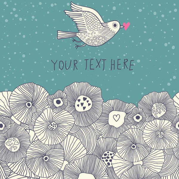 Lindo fondo romántico floral con bonito pájaro en estilo vintage — Vector de stock