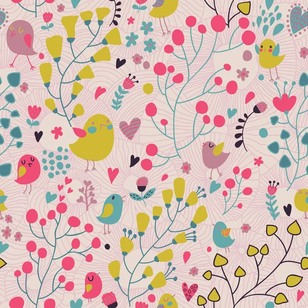 Vector seamless pattern with flower and birds. — Stock Vector