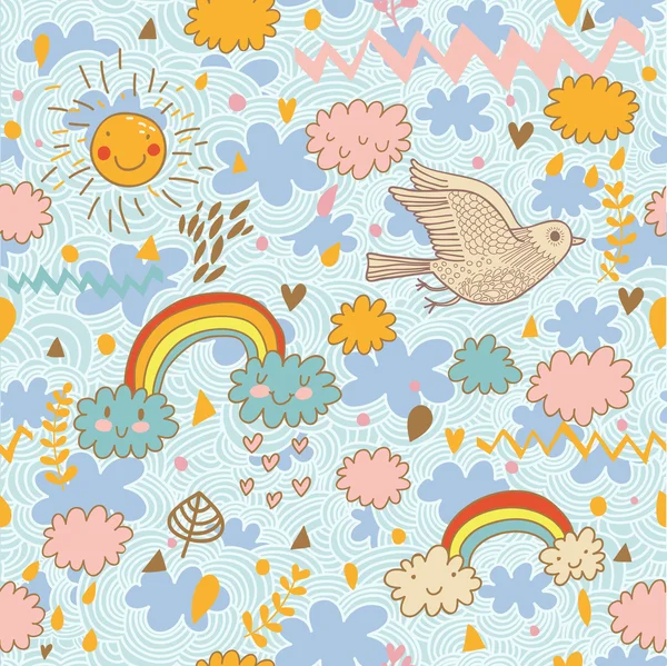 Patrón divertido sin costuras de dibujos animados. Concepto meteorológico con nubes, pájaros, arco iris y sol — Vector de stock