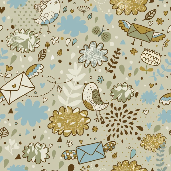 Concept floral motif sans couture avec nuages, oiseaux et enveloppes — Image vectorielle