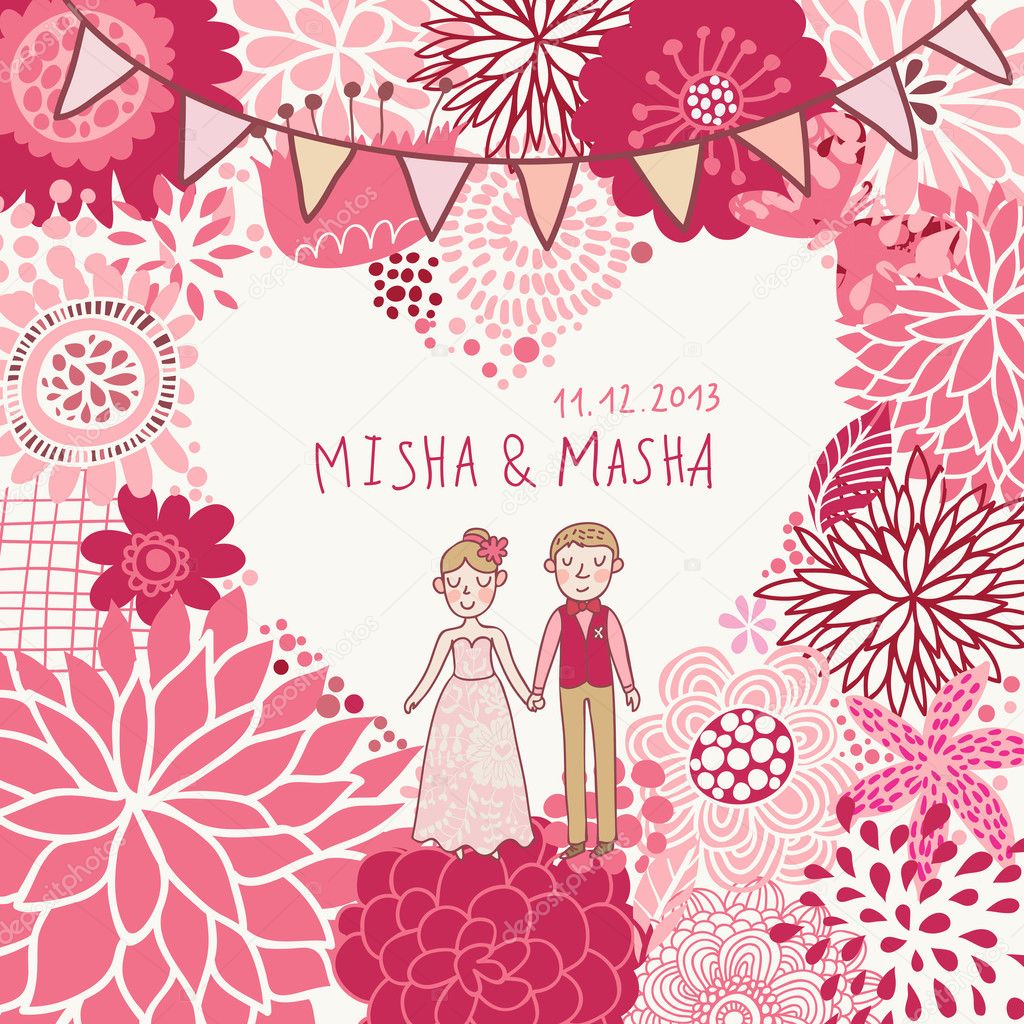Wedding invitation. Cartoon romantic vector background in pink colors
