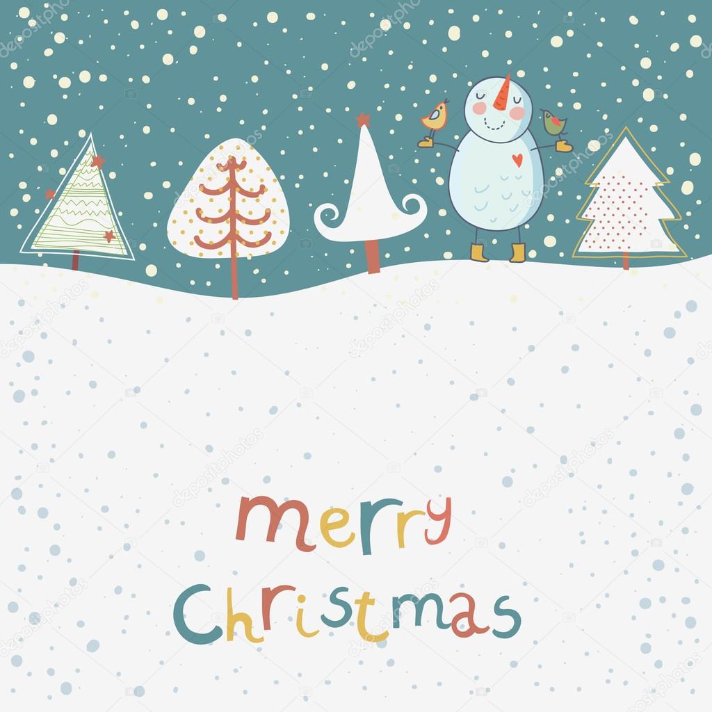 Merry Christmas. Funny cartoon background with cute snowman