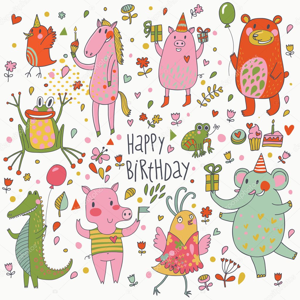 Happy birthday. Funny cartoon vector set with bear, frog, horse, pig, bid, crocodile and elephant