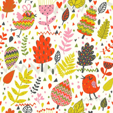 karikatür kuş ile çiçek seamless modeli