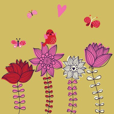 Kuş ötüşü ve kelebekler ile sevimli çiçek background. vektör tebrik kartı