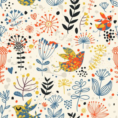 karikatür kuş ile çiçek seamless modeli