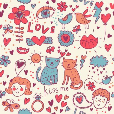 Cartoon romantic seamless pattern with kids, cats and birds clipart