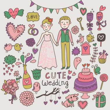 şirin düğün set. romantik karikatür vektör set.