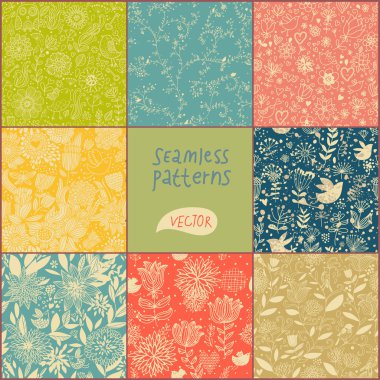 karikatür seamless modeli. vektör kümesi. Vintage çiçekler ve kuşlar