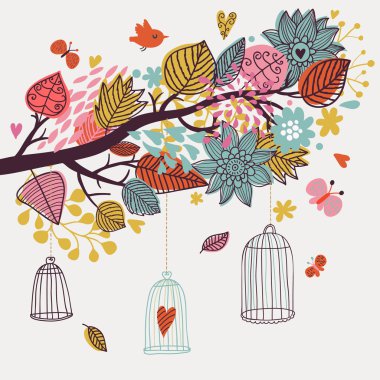 karikatür kuş ile romantik çiçek background. sonbahar yaprakları ile şube