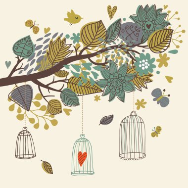 karikatür kuş ile romantik çiçek background. sonbahar yaprakları ile şube