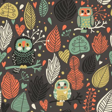 Vintage çiçek seamless modeli ile baykuşlar