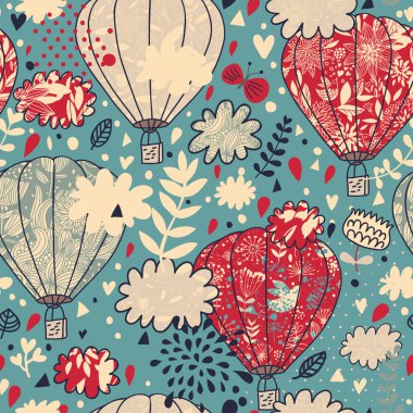 Sky concept seamless pattern with clouds, balloons and birds. Seamless pattern can be used for wallpapers, pattern fills, web page backgrounds, surface textures.
