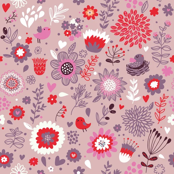 Floral seamless pattern with cartoon birds — Stock Vector