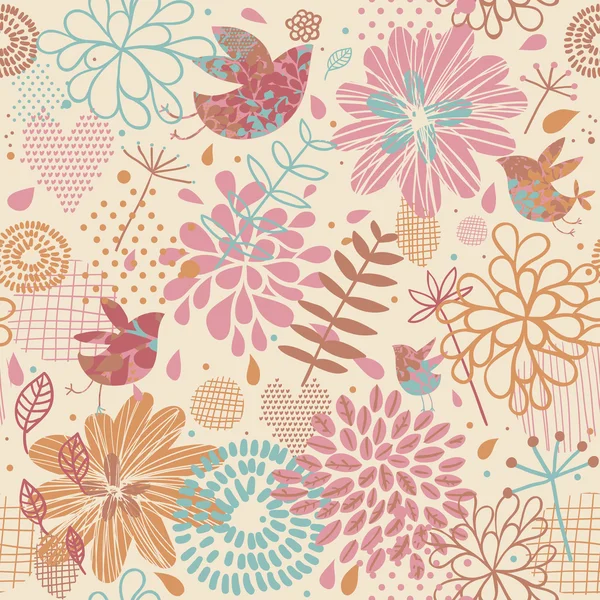 Floral seamless pattern with cartoon birds — Stock Vector