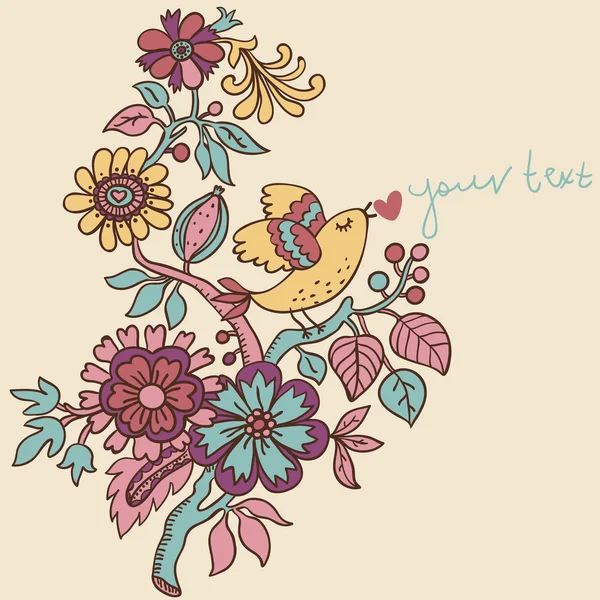 Fondo de primavera brillante. Dibujos animados flores y aves en la tarjeta vectorial — Vector de stock