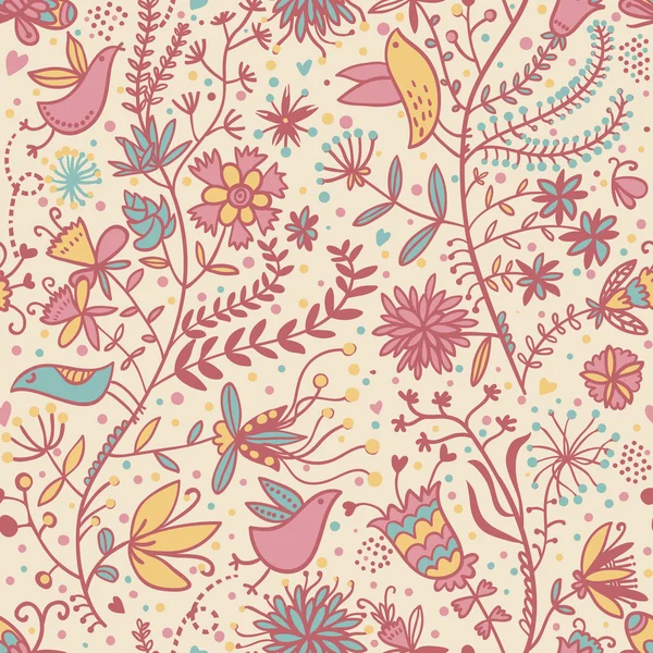 Patrón sin costura floral con aves de dibujos animados — Archivo Imágenes Vectoriales