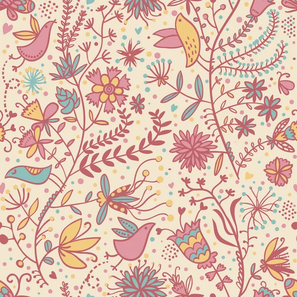 Floral motif sans couture avec des oiseaux de bande dessinée — Image vectorielle