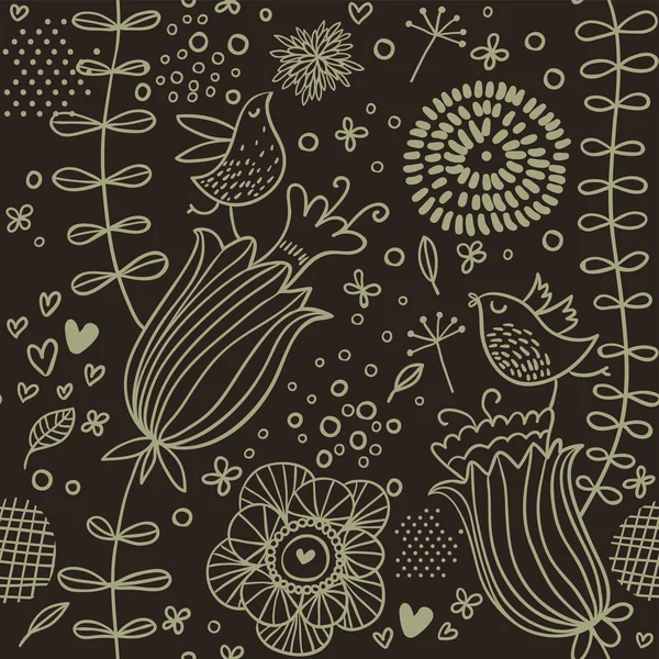 Λουλουδάτο μοτίβο άνευ ραφής με πουλιά γελοιογραφία — Διανυσματικό Αρχείο