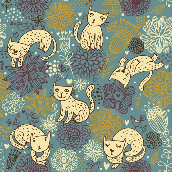 Macskák a virágok. Szép varrat nélküli mintát — Stock Vector