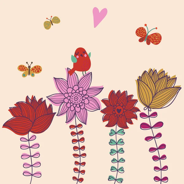 Fundo floral bonito com canto de pássaro e borboletas. Cartão de saudação vetorial — Vetor de Stock