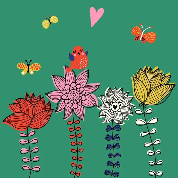 Fondo floral lindo con canto de pájaro y mariposas. Tarjeta de felicitación vectorial — Vector de stock