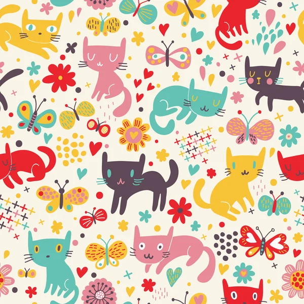 Des chats drôles. Dessin animé motif sans couture pour les enfants de fond. Papier peint coloré avec des chats, des papillons et des fleurs — Image vectorielle