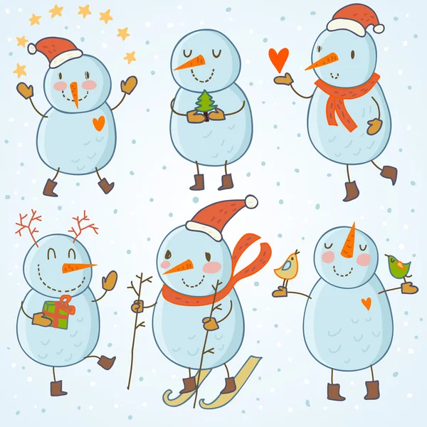 Muñecos de nieve de dibujos animados - conjunto de vectores — Vector de stock