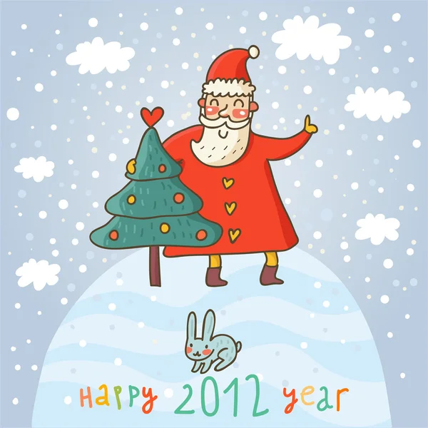 Santa in a cartoon style with a fir tree — Stock Vector