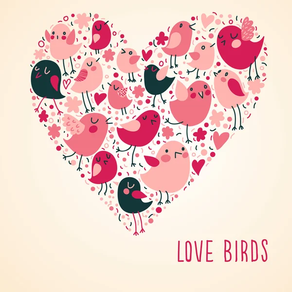 Heart made of cartoon birds — Stock Vector