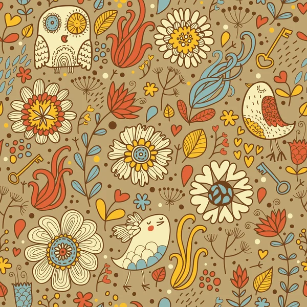 Винтажный бесшовный рисунок с птицами и цветами — стоковый вектор