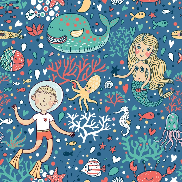 Couleur drôle motif sans couture avec mer en direct — Image vectorielle