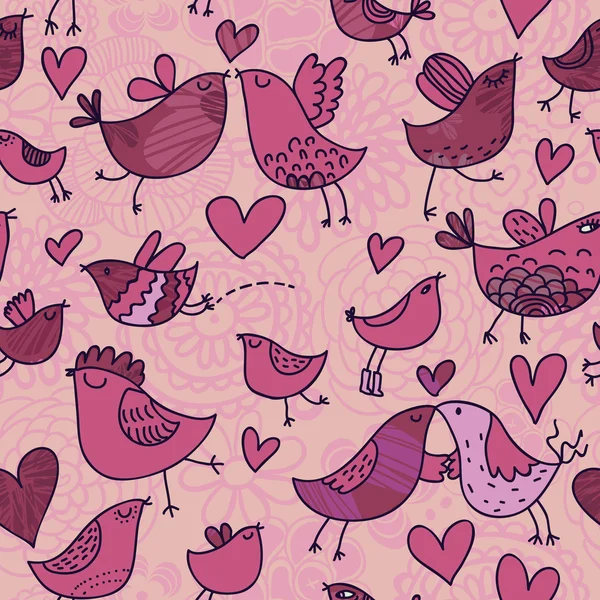 Patrón romántico sin costuras en estilo de dibujos animados. Aves enamoradas — Archivo Imágenes Vectoriales