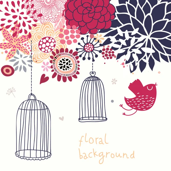 Fond floral romantique avec oiseau de bande dessinée — Image vectorielle