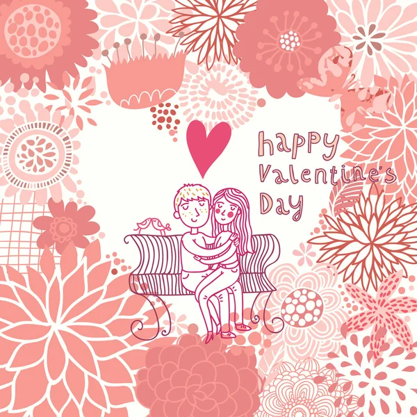 Chico y chica enamorados. Tarjeta de San Valentín con forma de corazón floral . — Vector de stock