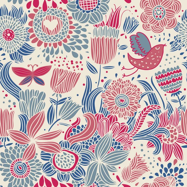 Floral seamless pattern with bird and butterfly in retro colors — Stock Vector