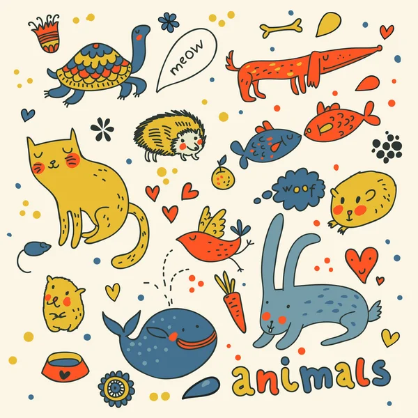 Schattige dieren doodles in kleur — Stockvector