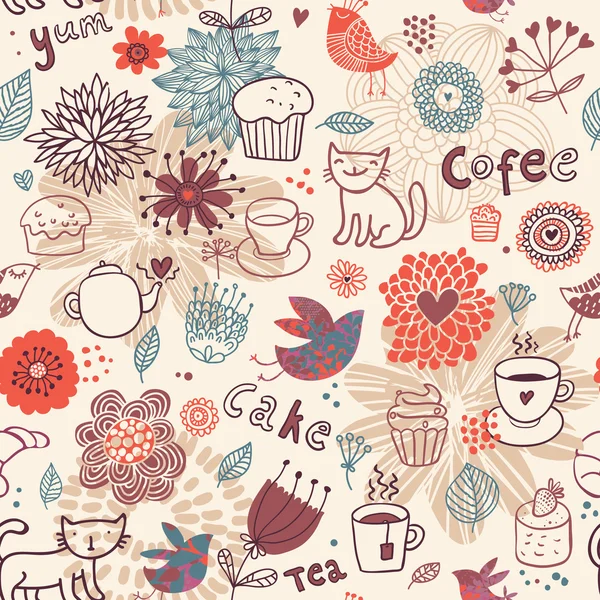 Seamless pattern with teacups, teapots, cakes and flowers — Stock Vector